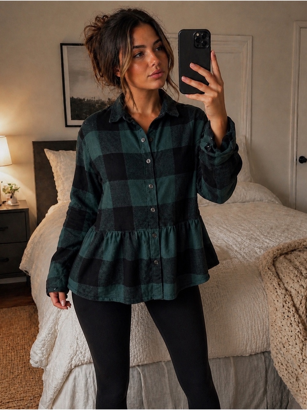 American Eagle Plaid Peplum Button Down Top XS Green Black